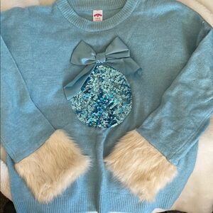 Blue Sweater with Sequin Ornament and Faux Fur Cuffs